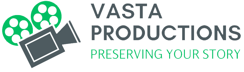 The image features a film reel and camera icon with the text "Vasta Productions, Preserving Your Story" against a transparent background.