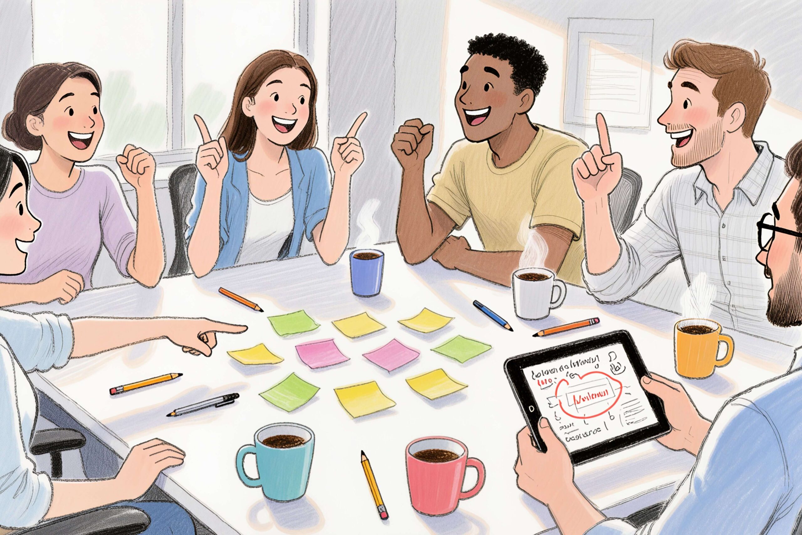 Six people joyfully brainstorm around a table with colorful sticky notes, pencils, and steaming mugs, fostering creative collaboration in a modern office environment.