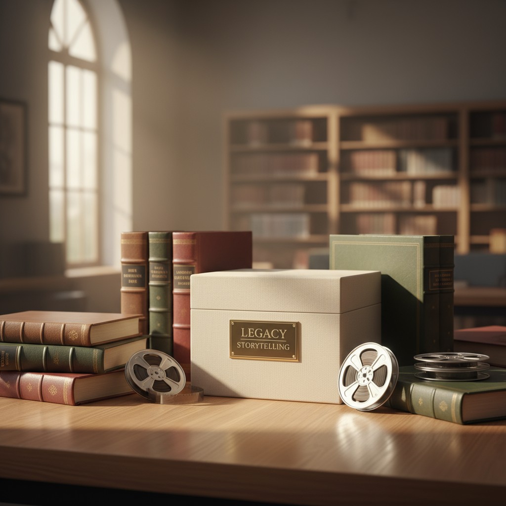 Sunlit library scene with a box labeled "Legacy Storytelling," surrounded by vintage books and film reels on a wooden table.